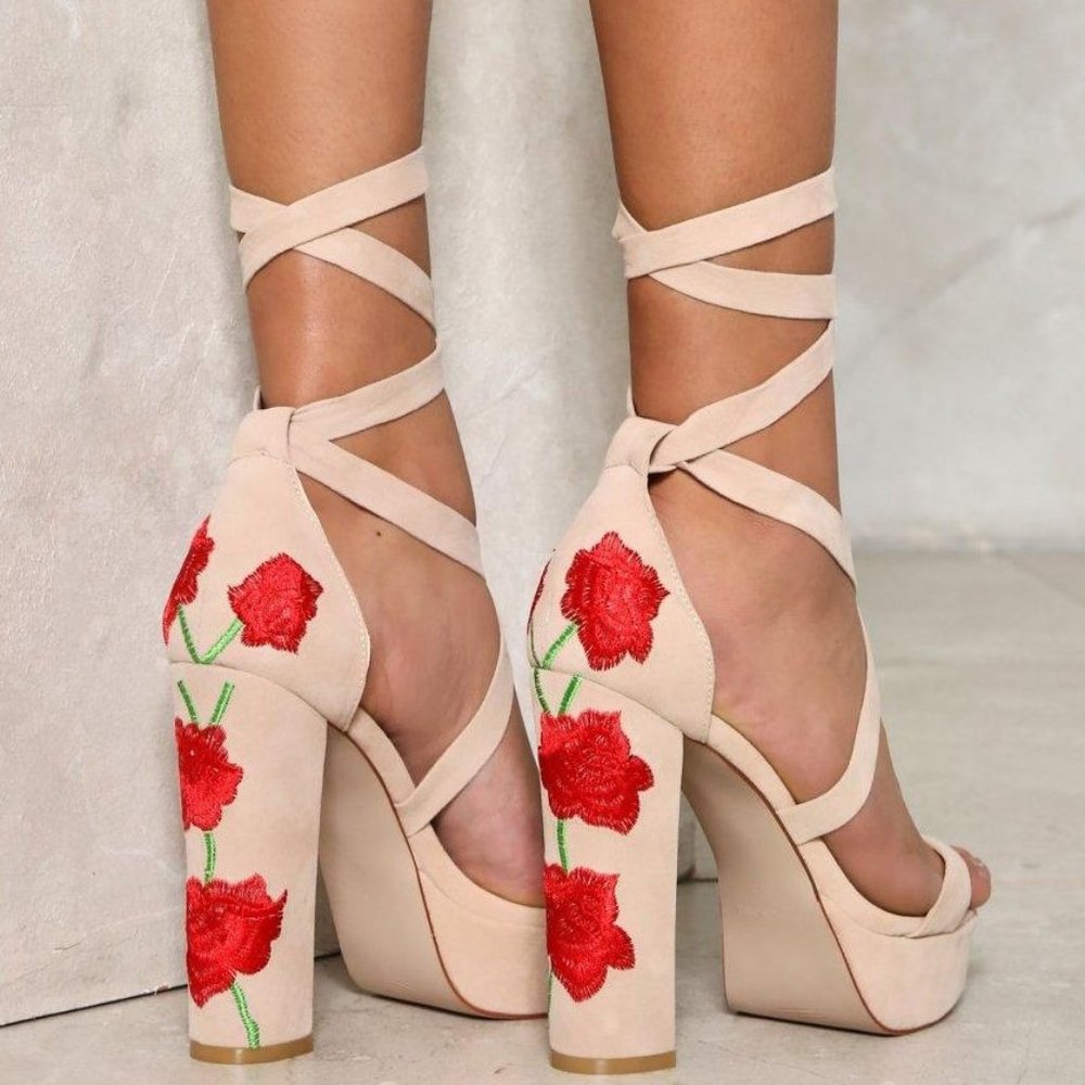 PUBLIC DESIRE Nude Heels with Red Rose Accent